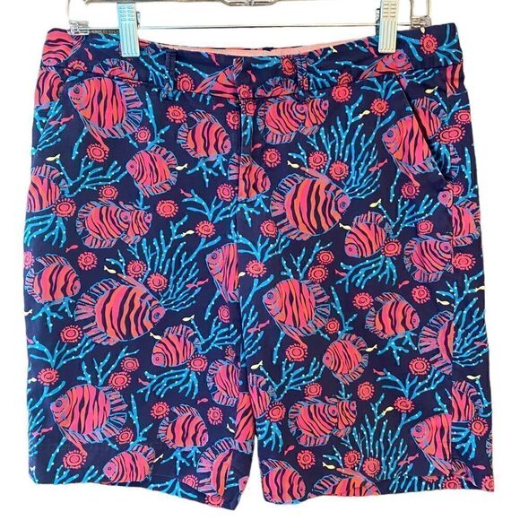 Lilly Pulitzer Sz 2 Blue Pink Coral & Fish Print Avenue Short Side Pockets Short - Picture 1 of 9
